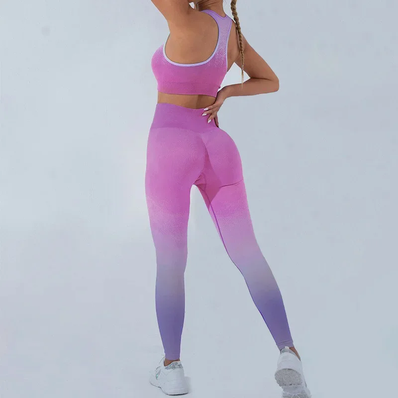 

Seamless Yoga Gradient color Sets Sports Fitness Peach Hip-lifting Pants Long-Sleeved Suits Workout Gym Shorts Sets for Women