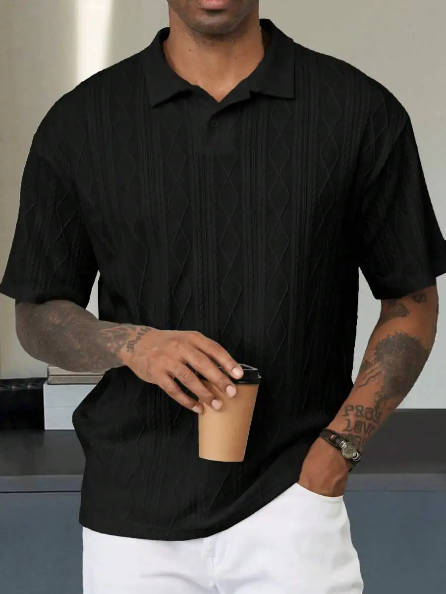 

Men's Black Textured Short Sleeve Polo Shirt with Diamond Pattern, Casual Summer Wear