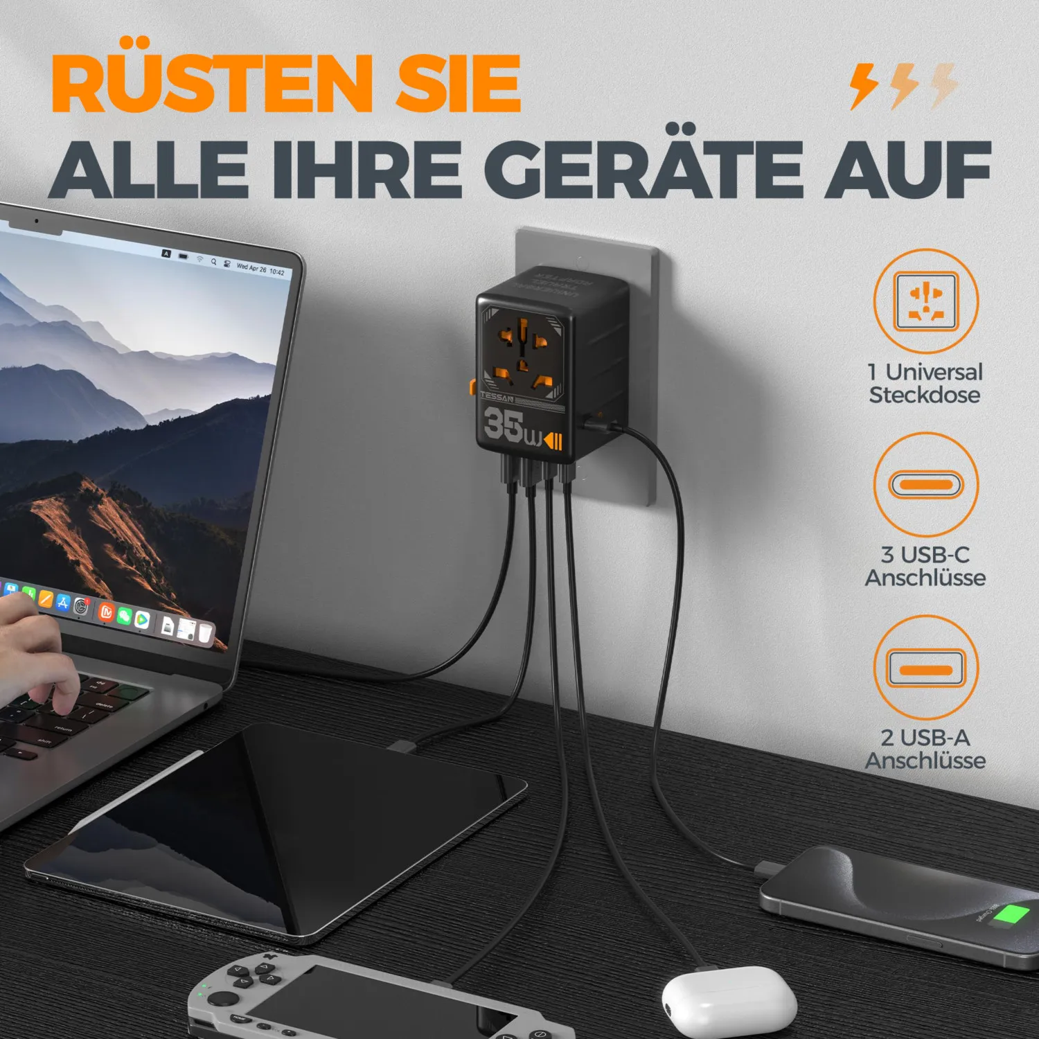 Uniwersalny adapter podróżny TESSAN GaN z wieloma portami USB do szybkiego ładowania Międzynarodowy adapter wtyczki 35W 65W Worldwide Power Outlet — zdjęcie produktu 4
