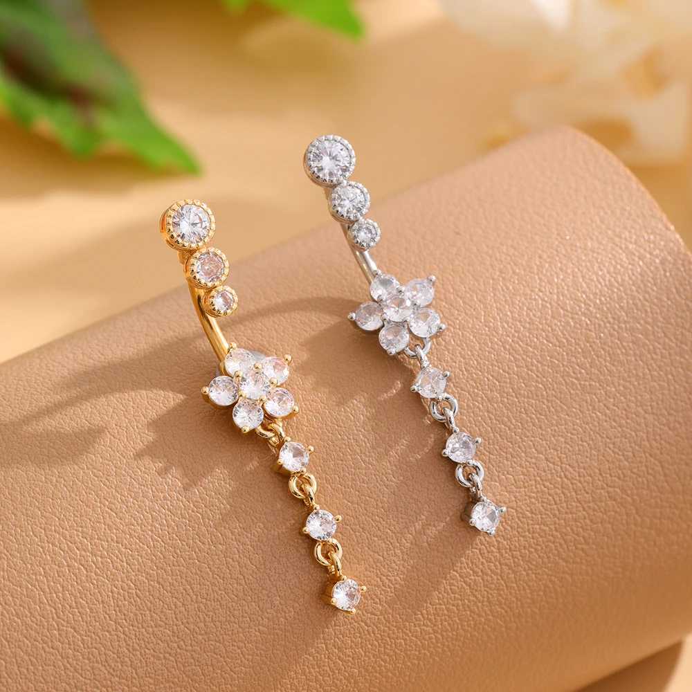 Gold Color Long Dangle Belly Button Ring Belly Piercing Nombril 14G Sexy Curved Navel Ring Flower Crystal Zircon Body Jewelry