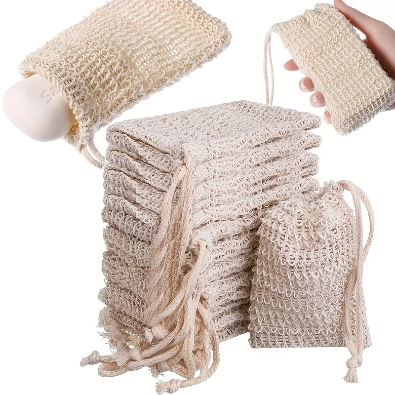 5pcs  Sisal Soap Bag With Drawstring And Wooden Bead , Knotted Shower Soap Bag For Foaming And Drying, Bathroom Accessories