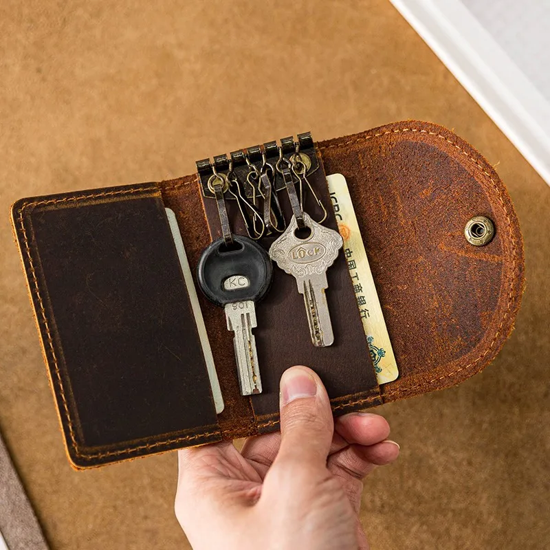 Retro Handmade Top Layer Leather Key Holder Men Genuine Leather Snap Button Key Case Large Capacity Multifunctional Card Wallet