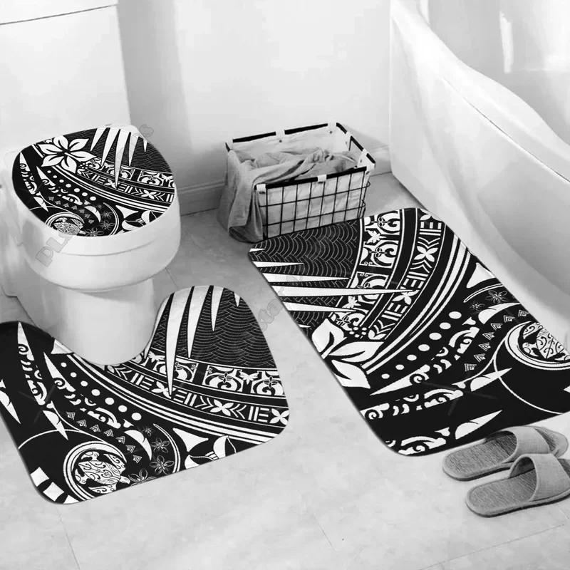 Polynesian home set-Polynesian floral abstract bathroom set 3D printed bathroom pedestal rug lid toilet cover bath mat set