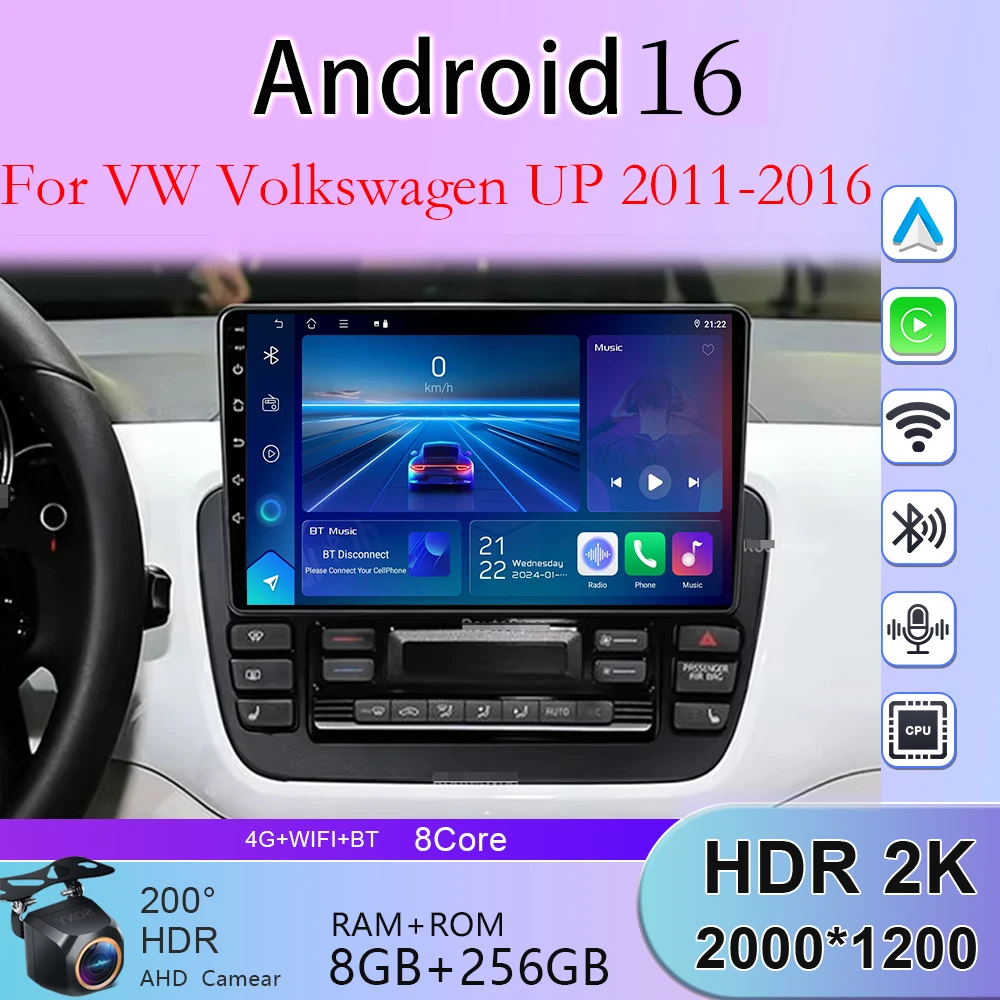Carplay 2K For VW Volkswagen UP 2011 2012 2013-2016 Android 16 High-performance CPU Multimedia Player DVR GPS Navigation WiFi BT
