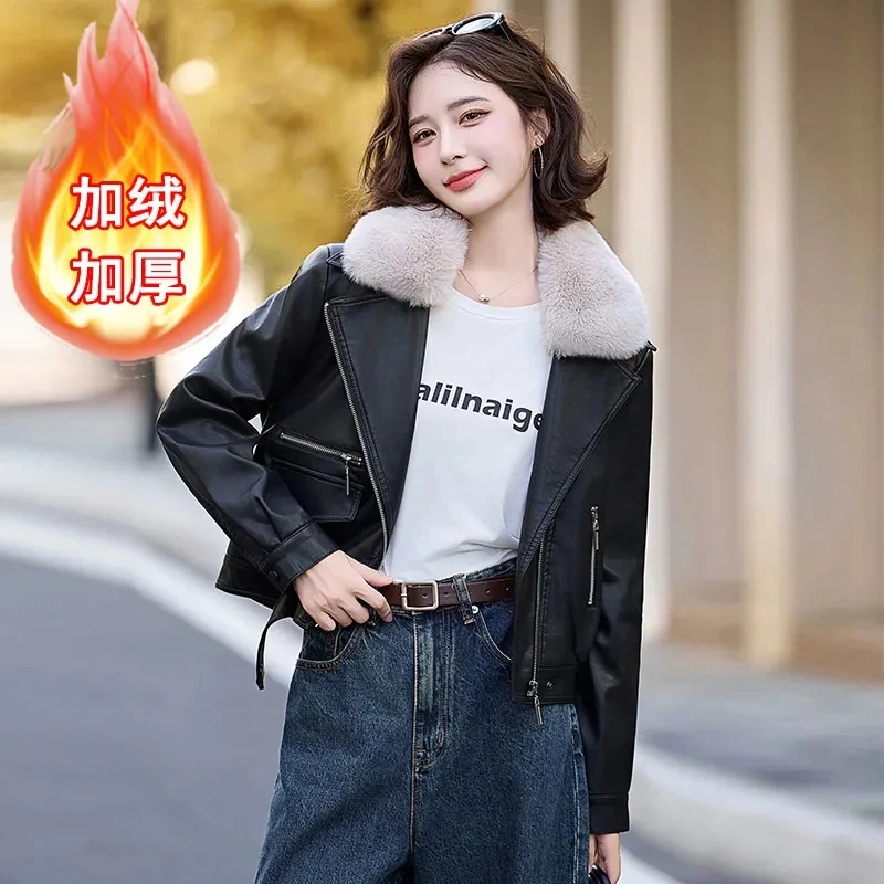 Chaqueta cálida de cordero para mujer, abrigos cortos gruesos para motocicleta, chaquetas de piel sintética con cremallera, prendas de vestir geniales, abrigo para mujer