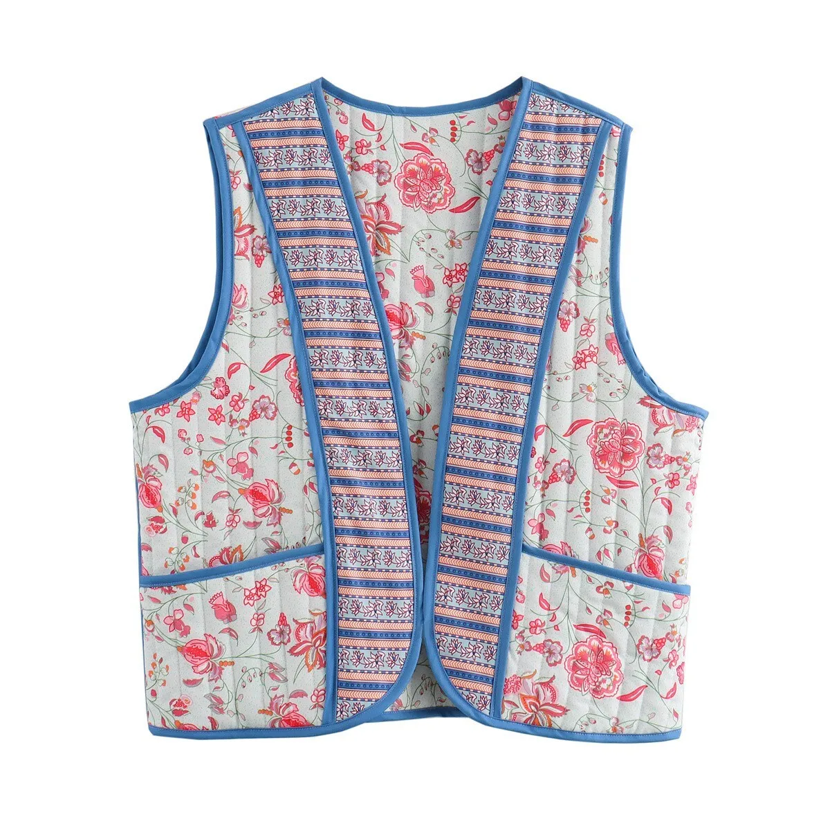 

Zevity Women Vintage Patchwork Flower Print Two Sides Wear Quilted Vest Jacket Ladies Cardigan WaistCoat Chic Retro Tops CT9062