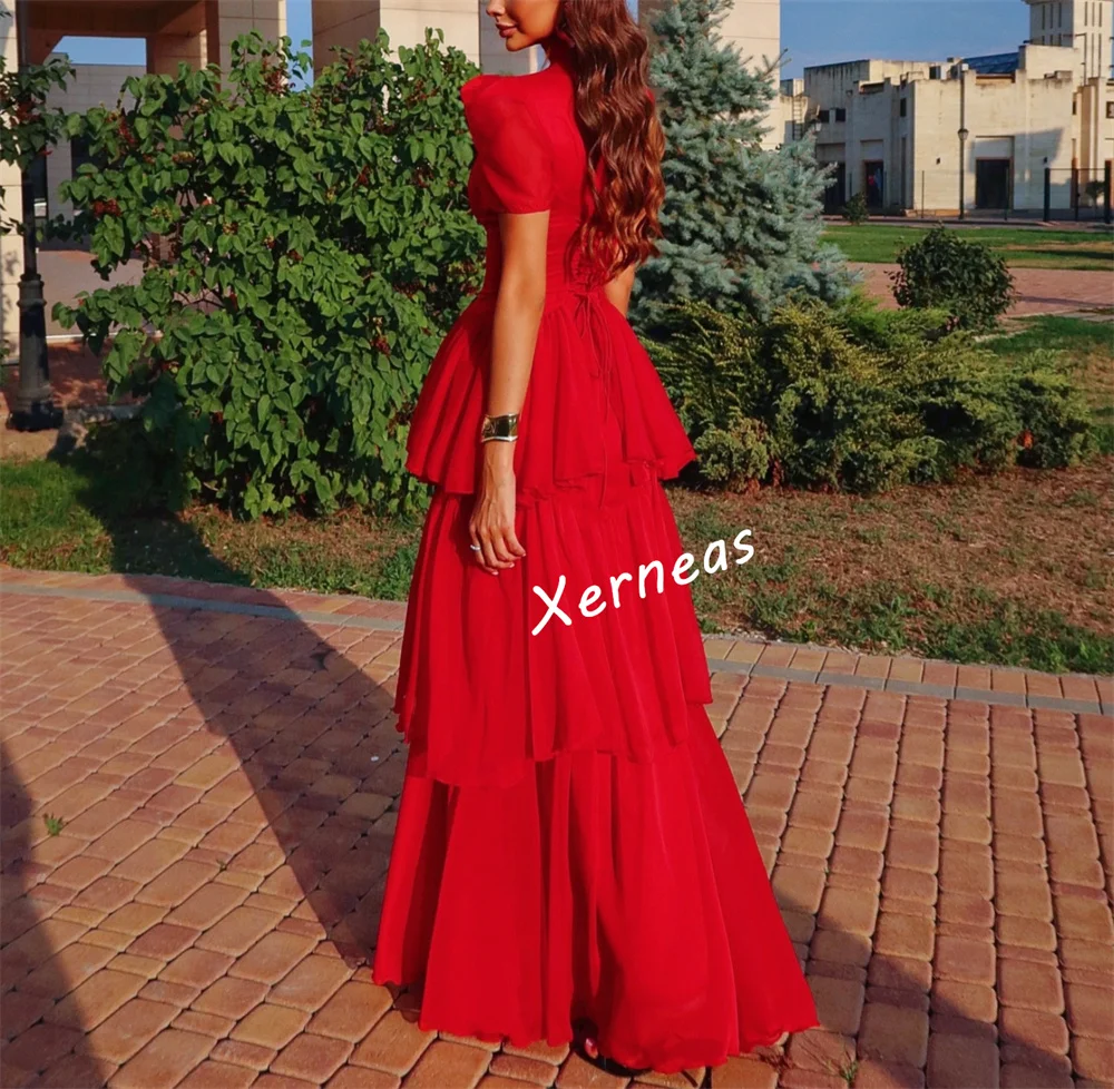 Customized Chiffon Tiered Lace-up High Collar Long Dresses Bespoke Occasion Prom Woman Elegant Party Wedding Sizes Available
