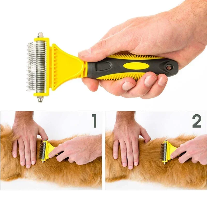 Pets Stainless Steel Grooming Brush Two-Sided Shedding and Dematting Undercoat Rake Comb for Dog Cat Remove Knots Tangles Easily