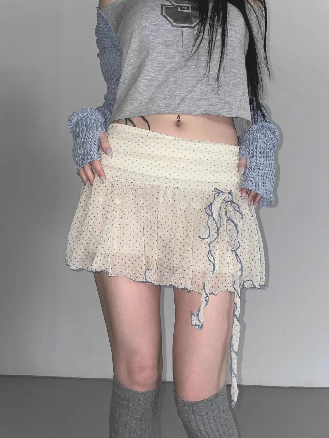 Girlish Bow Tie Strap See-through Polka Dot Casual Chiffon Sexy Cute Half-skirt for Women