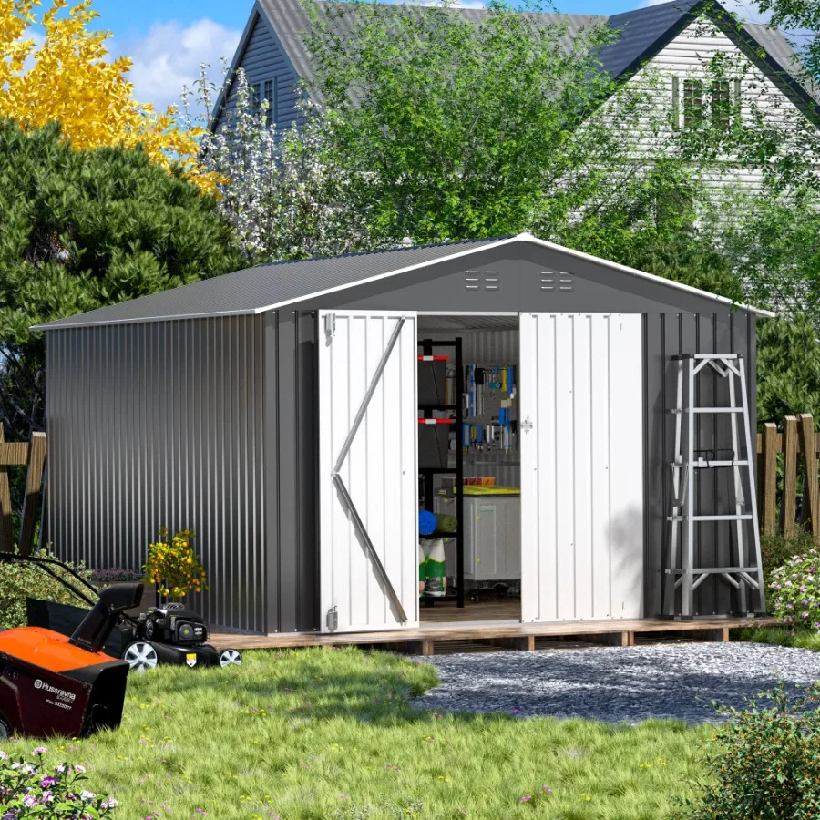 

10' x 12' Steel Outdoor Storage Shed, Galvanized Steel Metal Garden Shed with Lockable Doors, Heavy-Duty Storage Tool House for