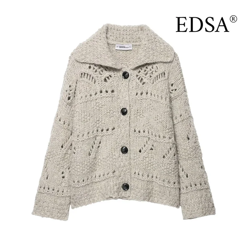 

EDSA Women Knitted Cardigan Single Breasted Revere Collar Long Sleeves for Spring Autumn Loose Female Tops