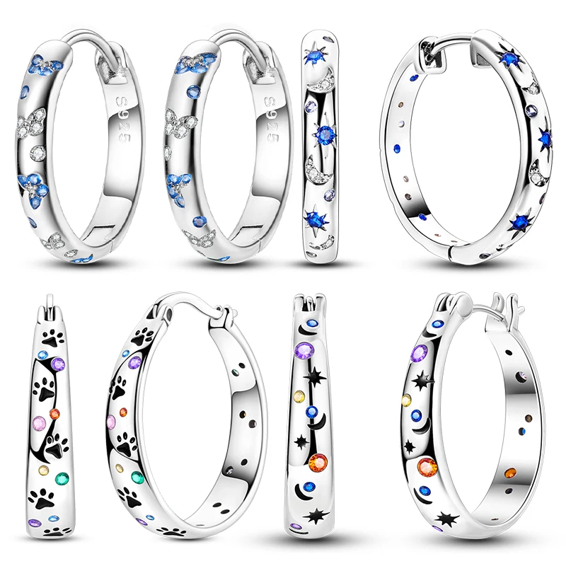 Hot 925 Sterling Silver Hoop Earrings Sparkling Starlight Butterfly Paw Print Hoop Earrings For Women Girls Fashion Jewelry Gift