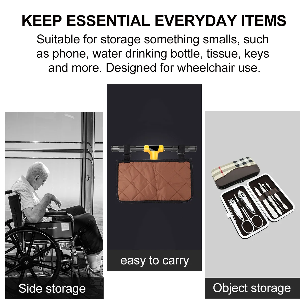 

1Pcs Wheelchair Side Storage Organizer Bag Multi-Pocket Durable for Phone Bottle Tissue Keys Coffee Wheelchair Storage Bag