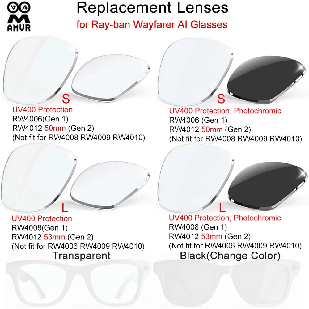 AMVR Lightweight Glasses Lens for Ray-ban Meta Wayfarer Replacement Lenses Smart Glasses Accessories