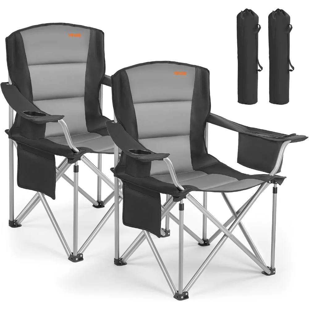 Heavy Duty Padded Folding Camping Chair - 2 Pack, Pockets, Cup Holder, Cooler Bag, Ideal for Outdoors