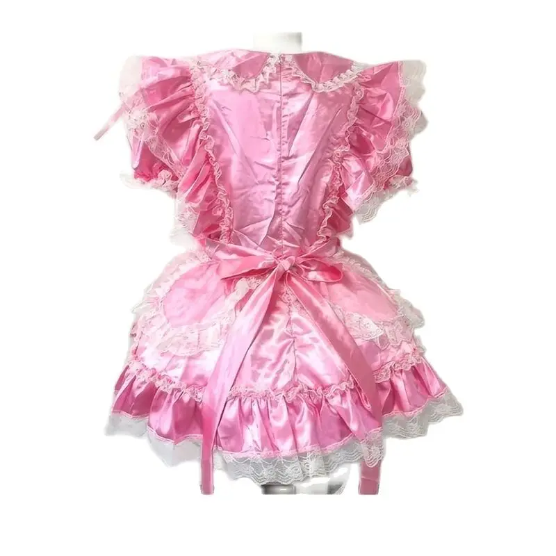 French Sexy Adult Custom Fetishist Cross Dressing Sissy Pink Smooth Cut Sheer Apron Decoration Short Sleeved Dress