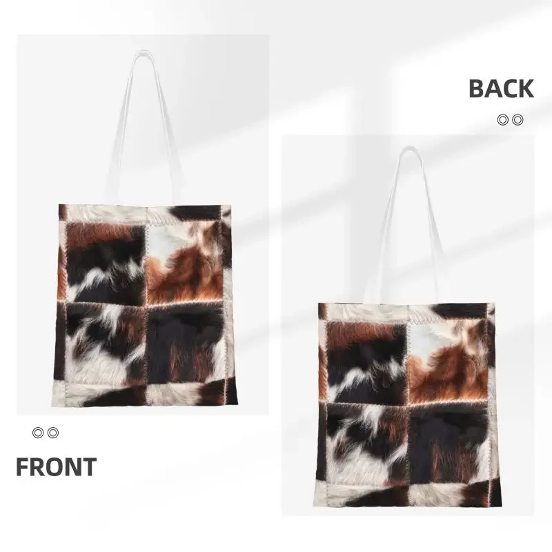 Kawaii Printed Checkered Cowhide Fur Tote Shopping Bag Recycling Canvas Shopper Shoulder Animal Leather Texture Handbag