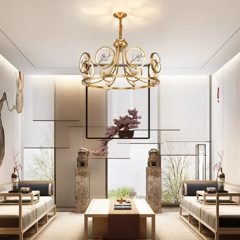 New Chinese Plum Blossom Pendant Light - Light Luxury All-Copper Lamp for Duplex Living Room & Restaurant
