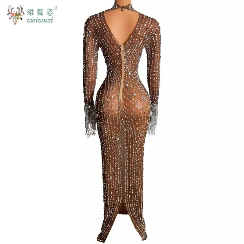 Sparkly Rhinestones Fringes Sleeves Inlaid Pearls Stretchy Dress Sexy Mesh Transparent Stage Gown Red Carpet Evening Dresses