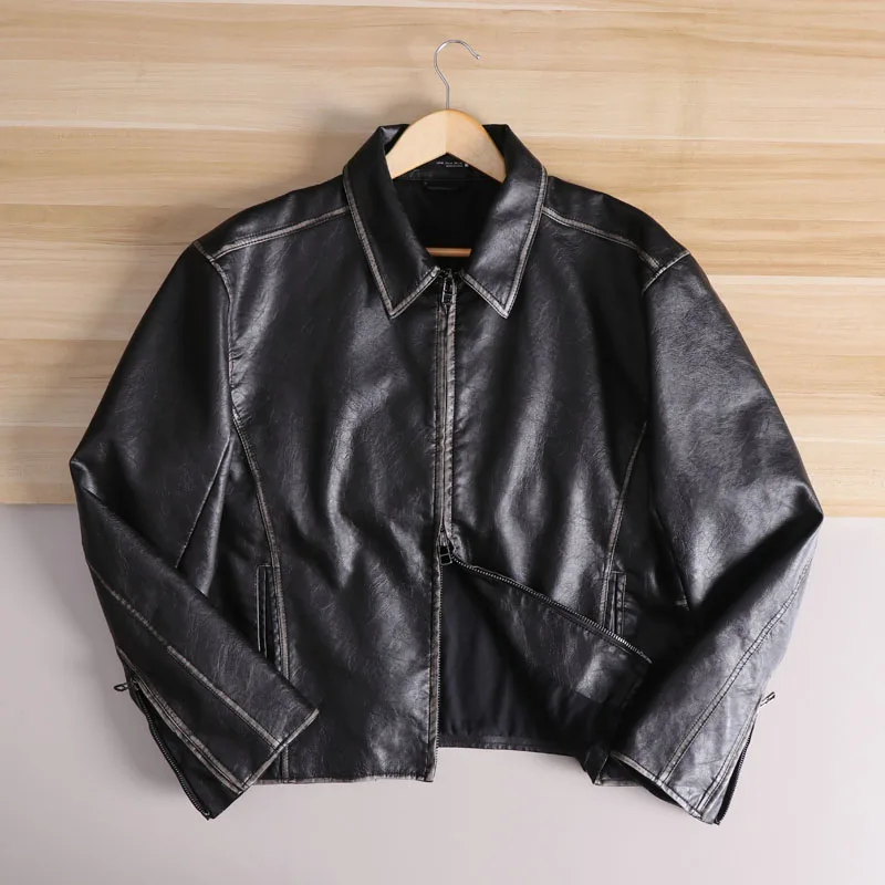 Washed PU Leather Biker Jacket Men's Fashion Spring Coat Flip Collar Motorcycle Jacket Youth Short Style Urban Fashion