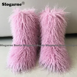 2024 Women Winter Snow Boots Outdoor Faux Wool Boots Luxury Furry Curly Fur Boots Woman Plush Warm 3CM Platform Shoes Large Size