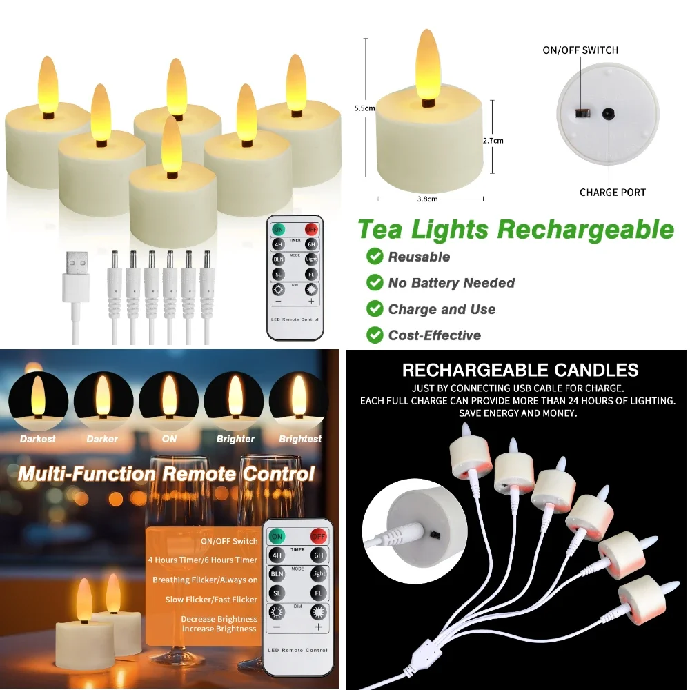 Rechargeable Flameless Tea Light Candles with Remote & USB Charging Cable Timer LED Flickering Plastic Votive Tealight Candles