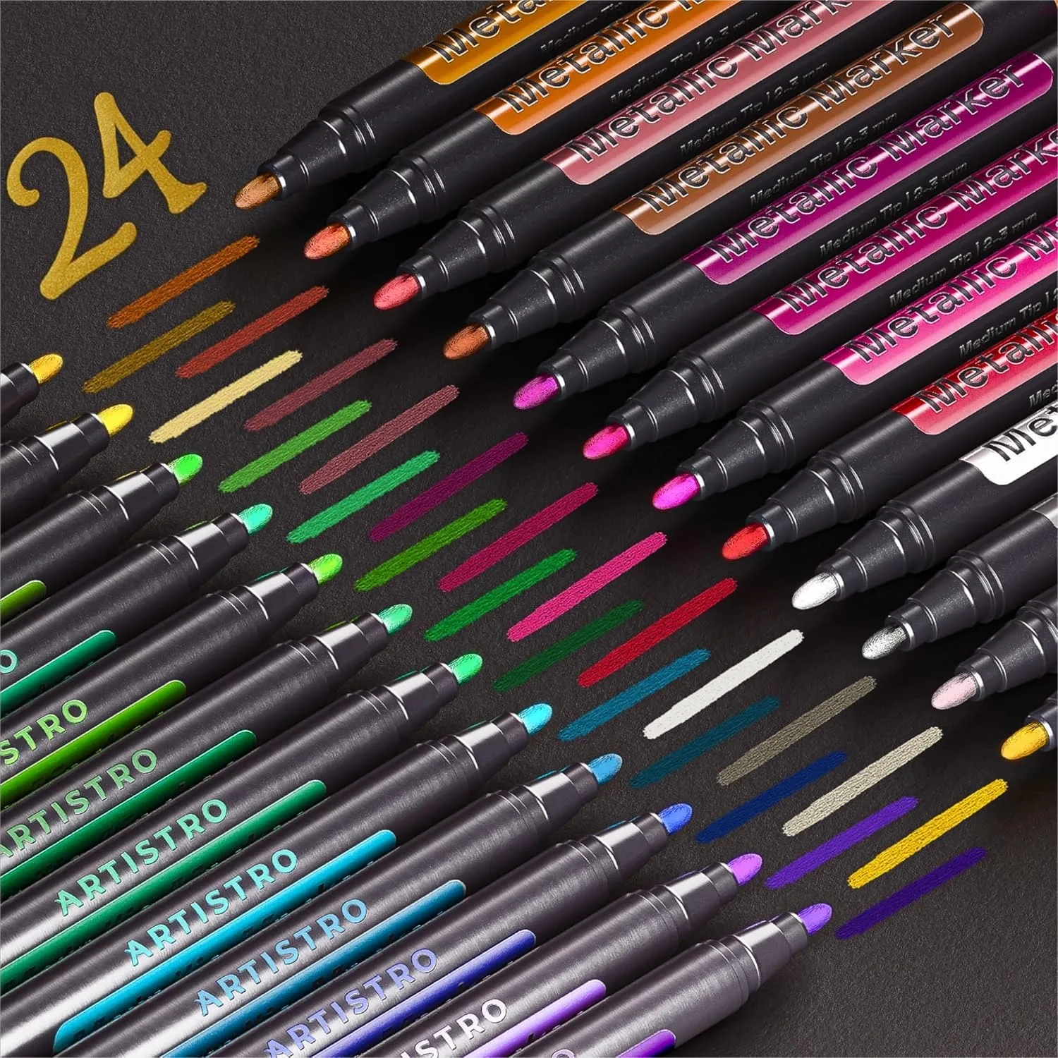 

24 Metallic Acrylic Paint Markers Medium Tip for Rock, Wood, Glass, Ceramic, Black Paper Crafts
