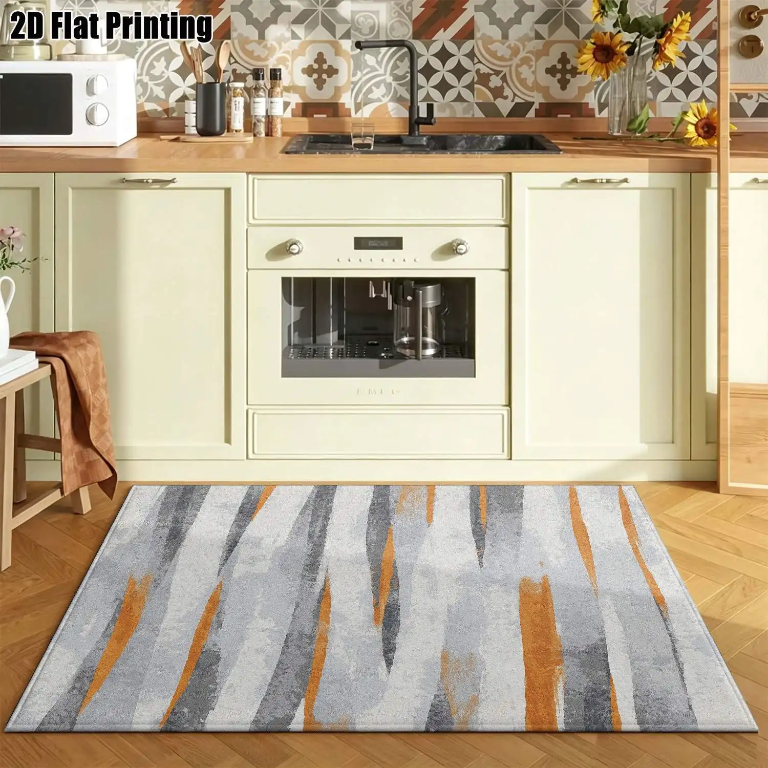 1Pc 2D Printed Nordic/Instagram-Style Geometric Stripe Carpet: Orange-Grey, Machine Washable, Multi-Size, Home Decor for Entryway, Dining Room, Bedroom, Living Room