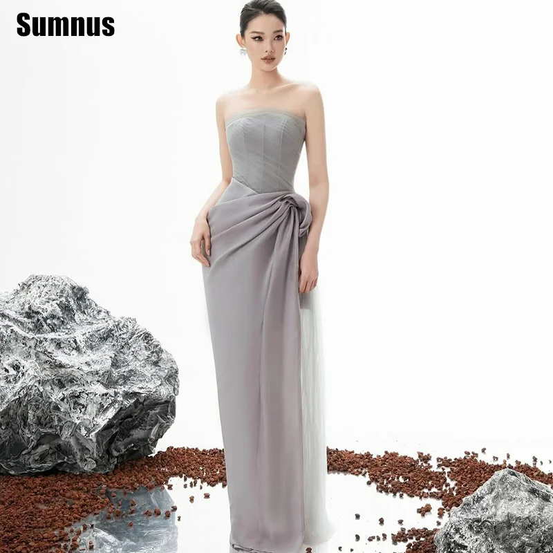 

Sumnus Simple Mermaid Prom Dress Gray Pleats Strapless Maxi Bodycon Chiffon Evening Dress فساتين سهرة Customized