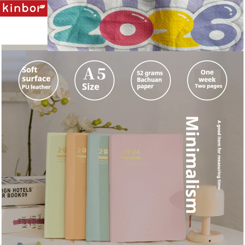 Kinbor-planificador diario A5 Timeline 2026, cuero PU suave, papel Bachuan de 52g, 112 hojas, cuaderno estético de Plan anual/mes/semanas