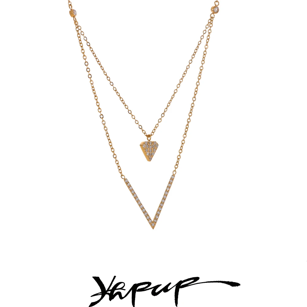 Yhpup Korean Style Shiny Cubic Zirconia Heart V-Shape Double-Layer Chain Necklace Pendant Stainless Steel Delicate Jewelry