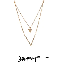 Yhpup Korean Style Shiny Cubic Zirconia Heart V-Shape Double-Layer Chain Necklace Pendant Stainless Steel Delicate Jewelry