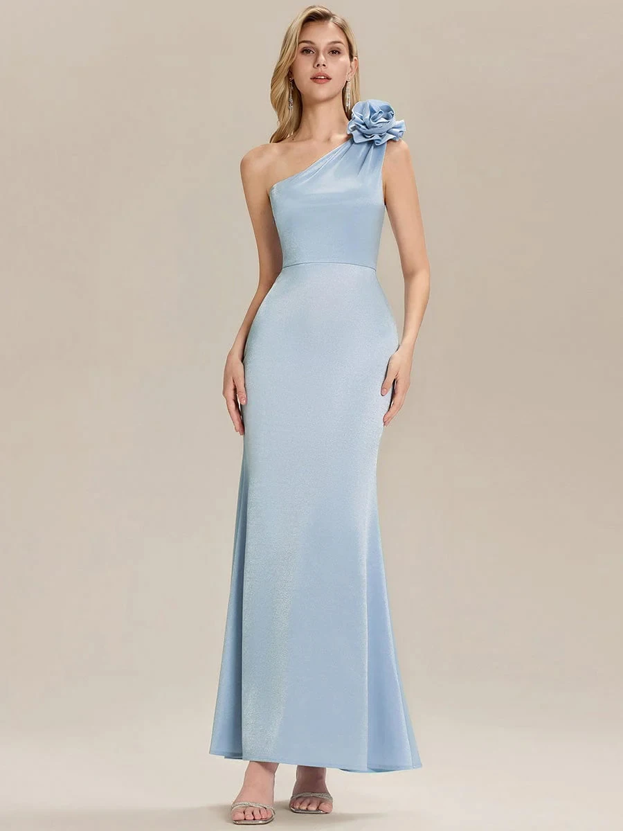 

Customized Fashion Charmeuse Draped Handmade Flower A-line One-shoulder Long Dresses Bespoke Occasion Dresses Elegant Simple