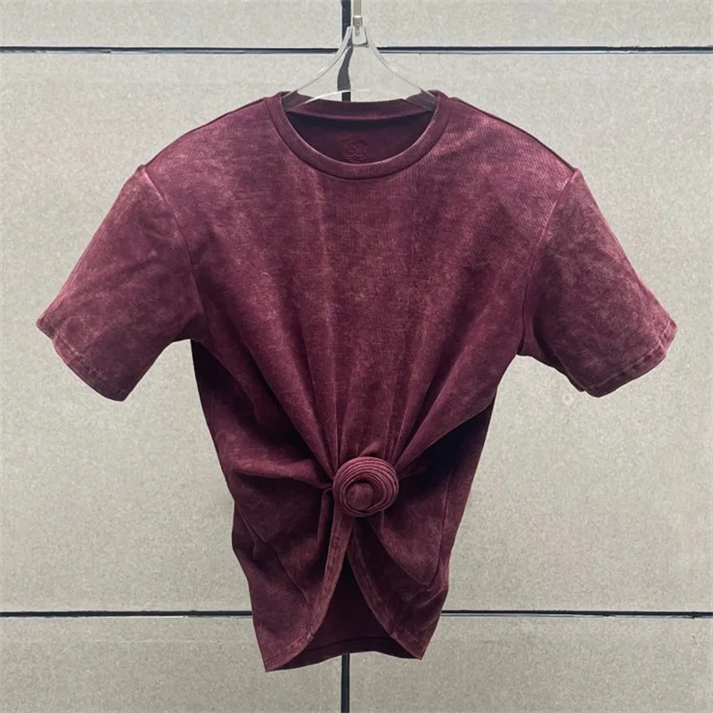 Women's t-shirt New elastic knitted short sleeved top for summer 2025 Shoulder pad slim fit Crop top washed pure cotton corset