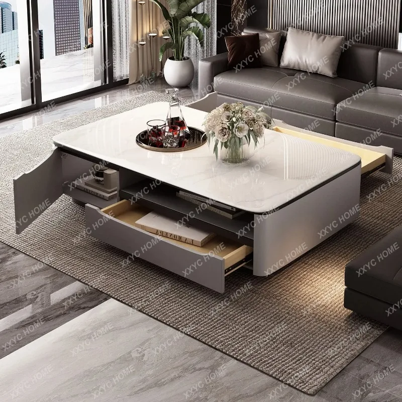 XX  Modern  solid wood microcrystalline stone coffee table with hollow multi-style storage tea table rock slab square table