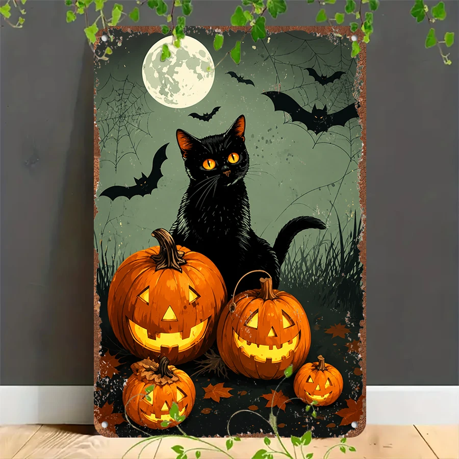 2D flat retro metal tin plate,  Vintage Halloween Black Cat Tin Sign, Suitable for home, garage, café, bar and garden decoration