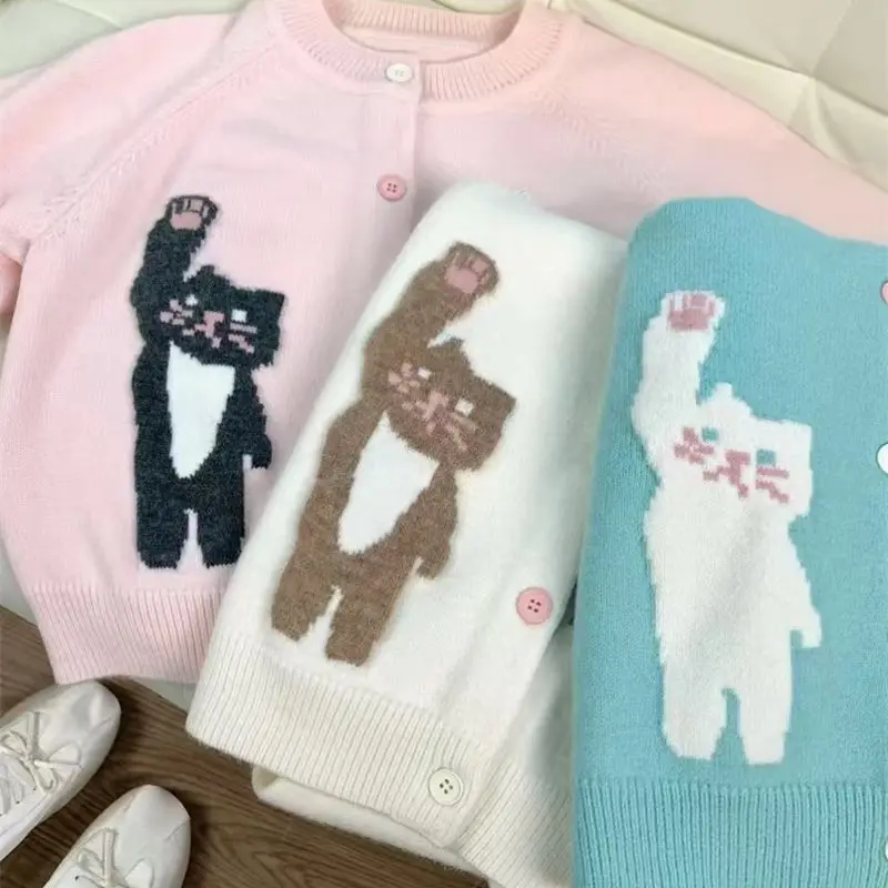 

Korejpaa Knitted Cardigan Women Jacquard Cute Bear Kawaii Clothes Autumn Round Neck Short Sweater Jacket Top Korean Fashion
