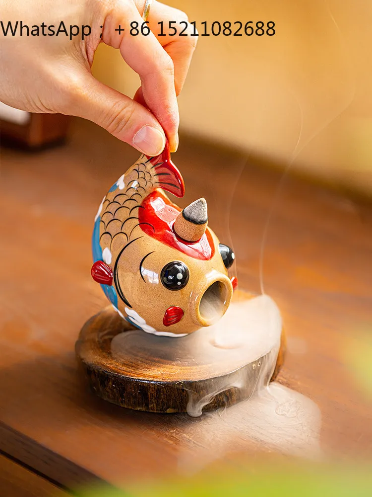 SCY creative backflow incense burner tumbler ceramic ornament desktop mood stabilizer cute koi gift