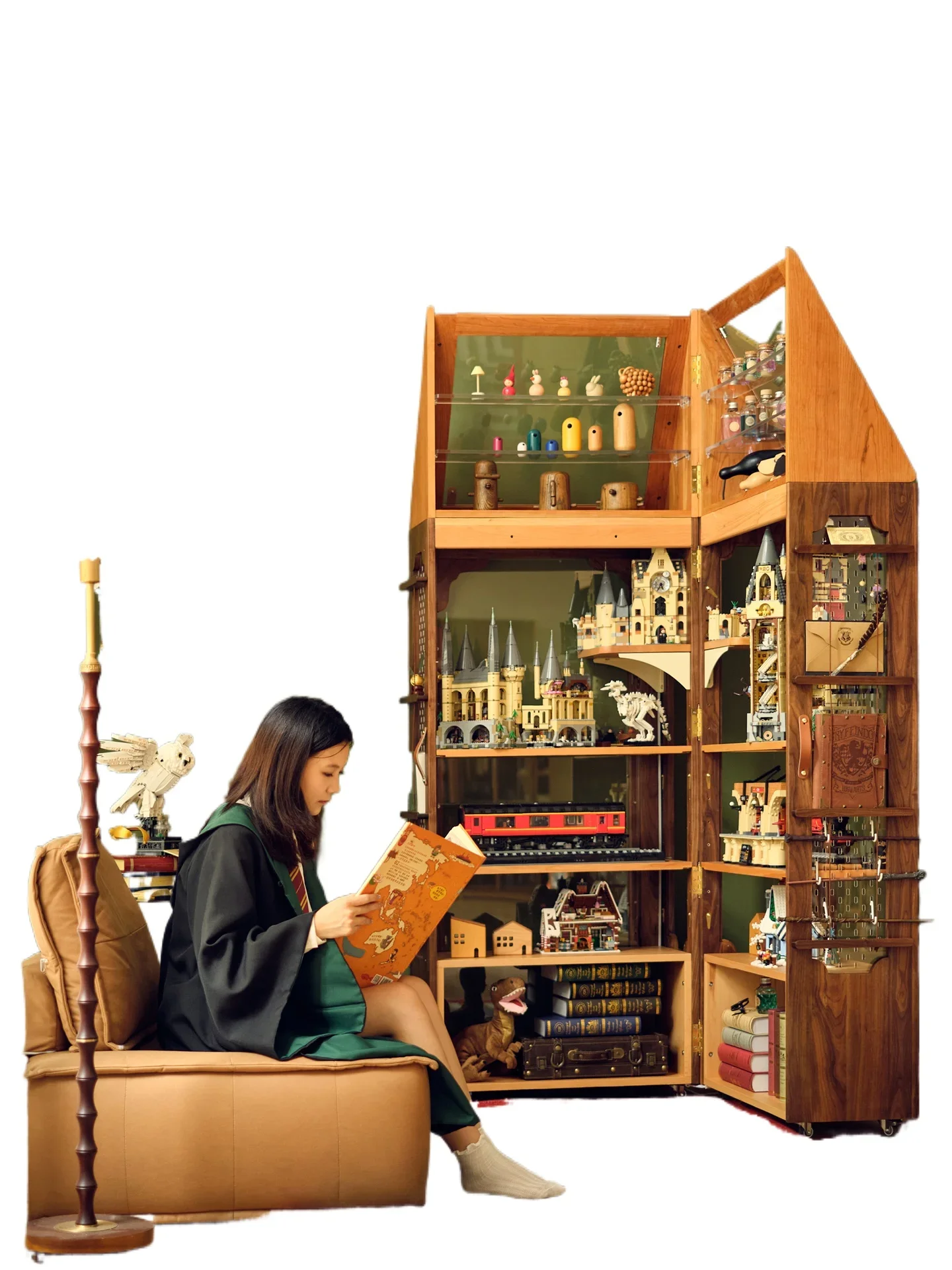 Folding figure cabinet 360 degree movable bookcase with wheels retro storage doll display cabinet