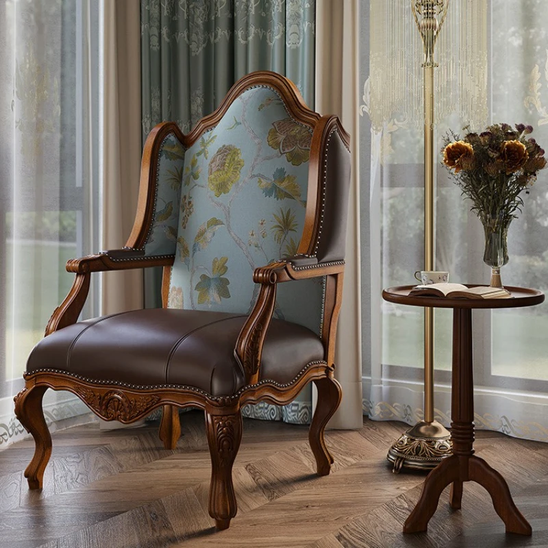 

American tiger chair rural retro solid wood chair first layer cowhide single sofa chair living