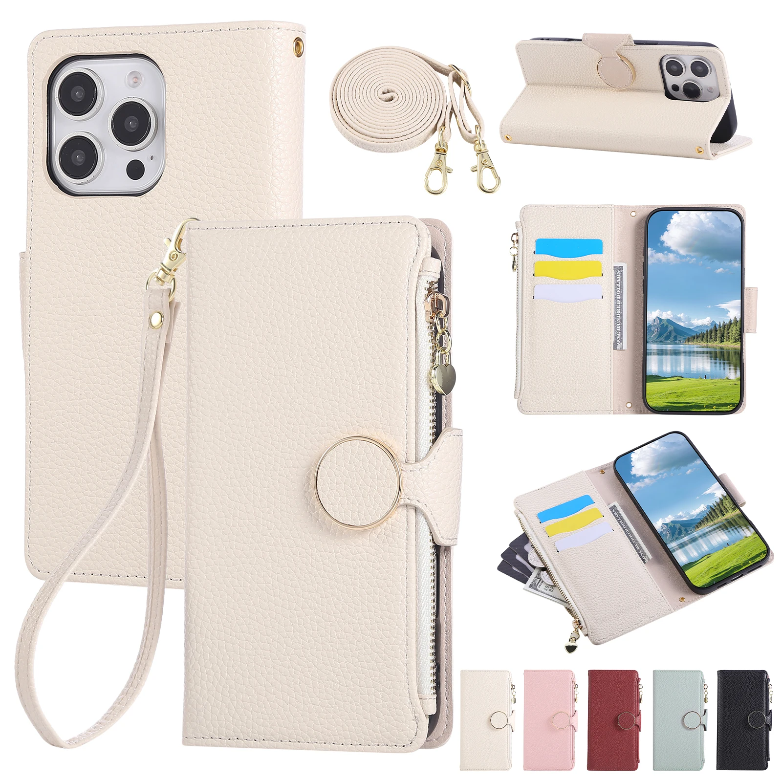 Wrist Strap Zipper Case For OPPO Realme P3 Pro Note 60 Narzo 50 N53 GT 6T Neo 7X 6SE 6 5 Crossbody Multi 3 Cards Leather Cover