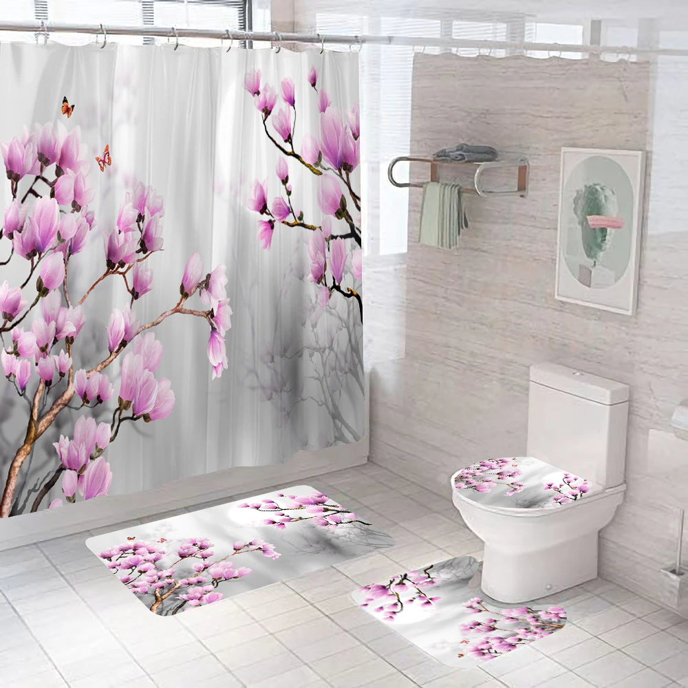 Waterproof Bathroom Shower Curtain Flower Bath Curtain Sets Toilet Cover Non-Slip Mat Rug Carpet Set Home Decor Accessories