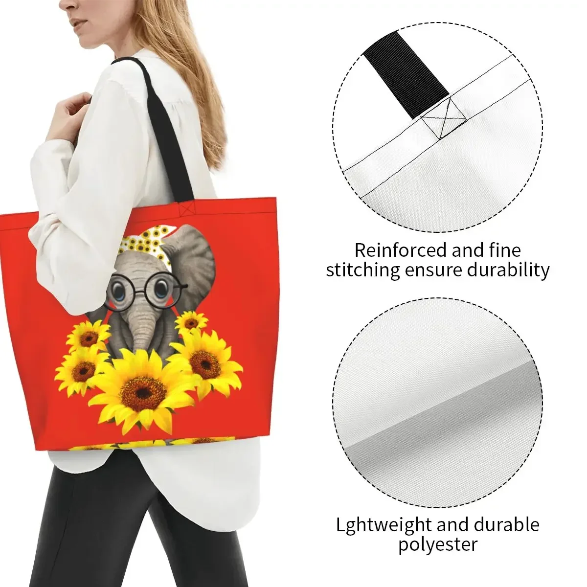 Bolso de compras de lona con estampado divertido, bolsa de hombro, gran capacidad, duradero, girasol