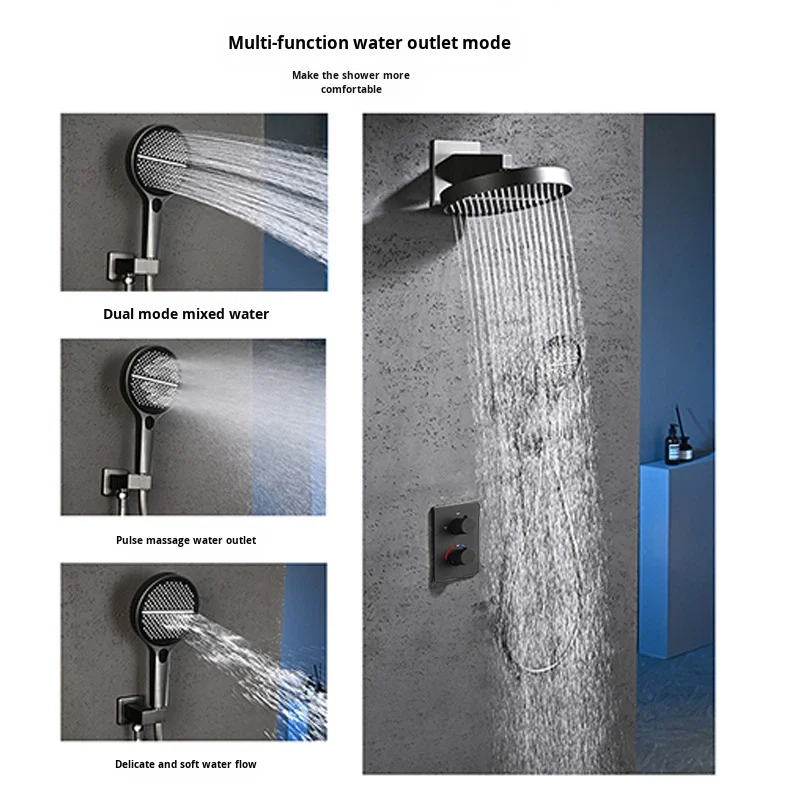 Thermostatic Concealed Shower Set All-Copper Matte Black Pre-embedded Hotel Shower Head Rainfall Spray Multi-function Boosting