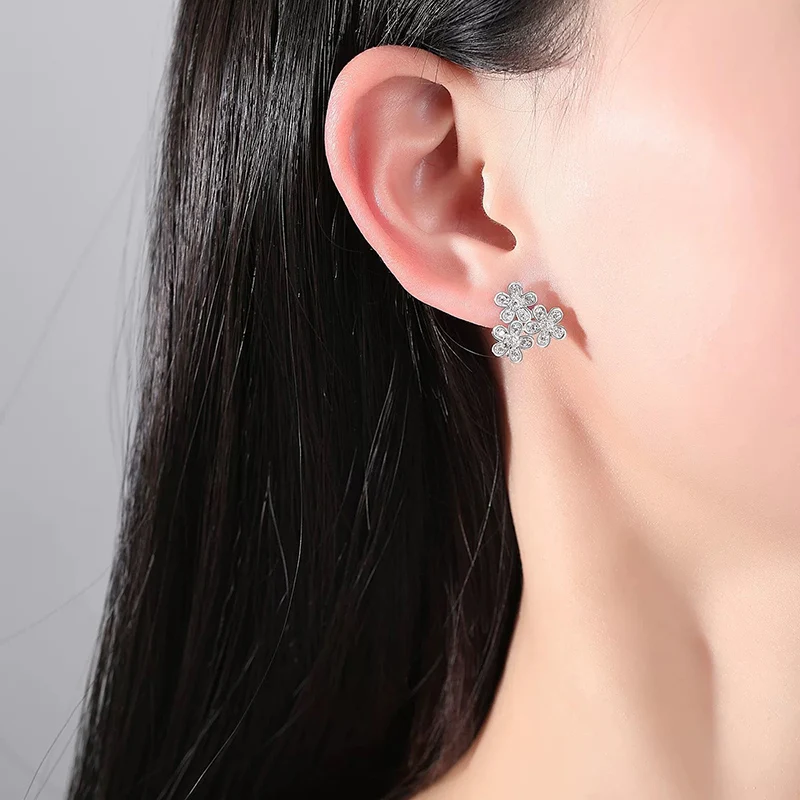 New S925 sterling silver three flower earrings with zircon inlay, fashionable and elegant flower women's jewelry