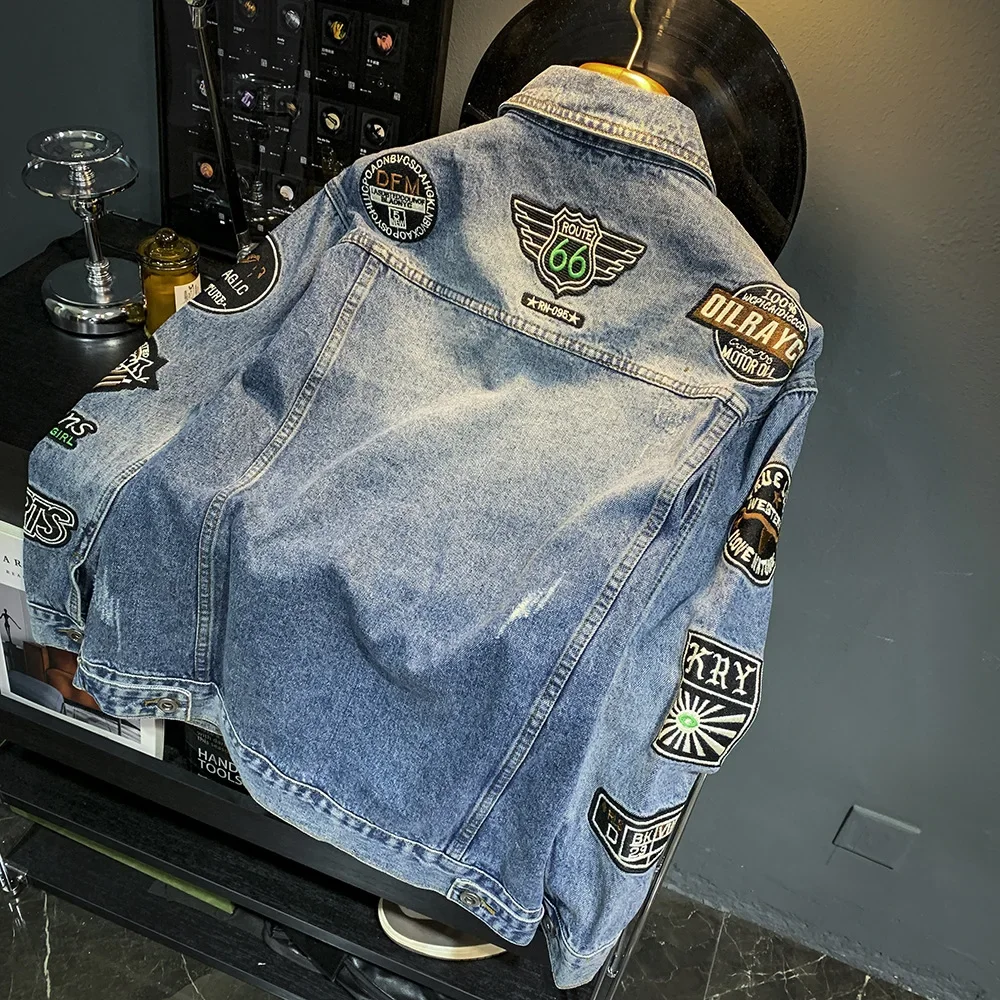 

Streetwear Men's Fashion Embroidery Denim Jacket Retro Washed Male Loose Denim Tops Outerwear Youth Casual Loose Bomber Jackets