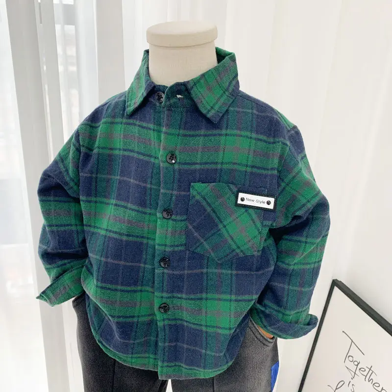 2-9Y Autumn Winter Korean Boys Shirt Plaid Kids Long Sleeve Shirts Children's Grind Hair Clothes Kids Thicken Blouses Velvet Top