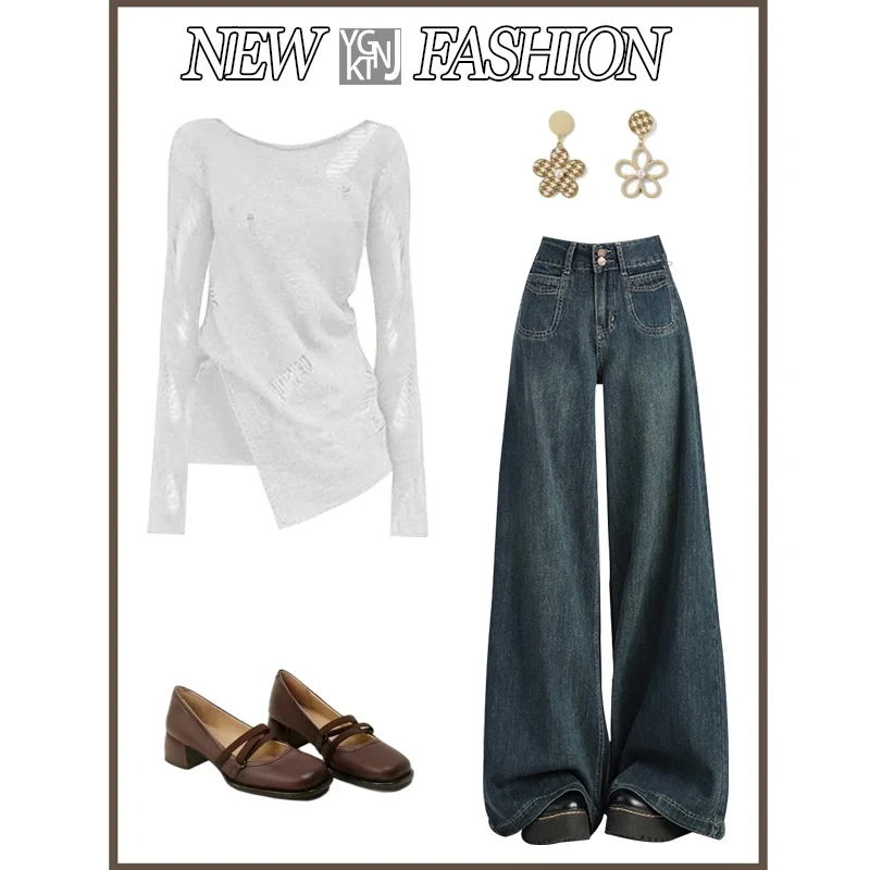Herfstseizoen jeans met hoge taille en wijde pijpen, tweedelige set met gebreid gatontwerp Top voor trendy meisjes Casual Sle Faion-set
