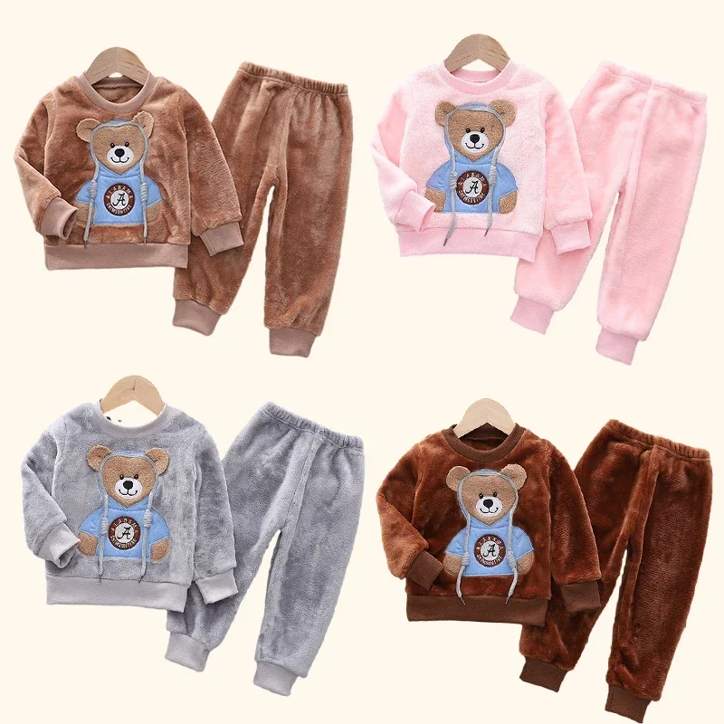 

Autumn Winter Children Clothing Baby Pajamas Set Thick Flannel Fleece Child Sleepwear 2Pcs Sets Warm Home Suits Kids Clothes