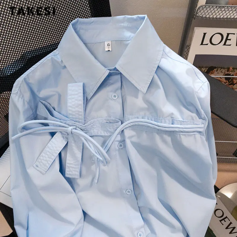 2023 Summer Korean Casual Style Turn-down Collar Long Sleeve Blouses For Women Solid Color Single Breasted Thin Blue Shirts